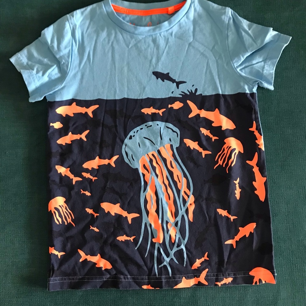 Kids Ocean Jellyfish Swim Shirt - Light Blue & Navy with Orange Accents Size 7/8